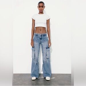 ZARA Wide-Leg Cargo Jeans in Light Blue NEW